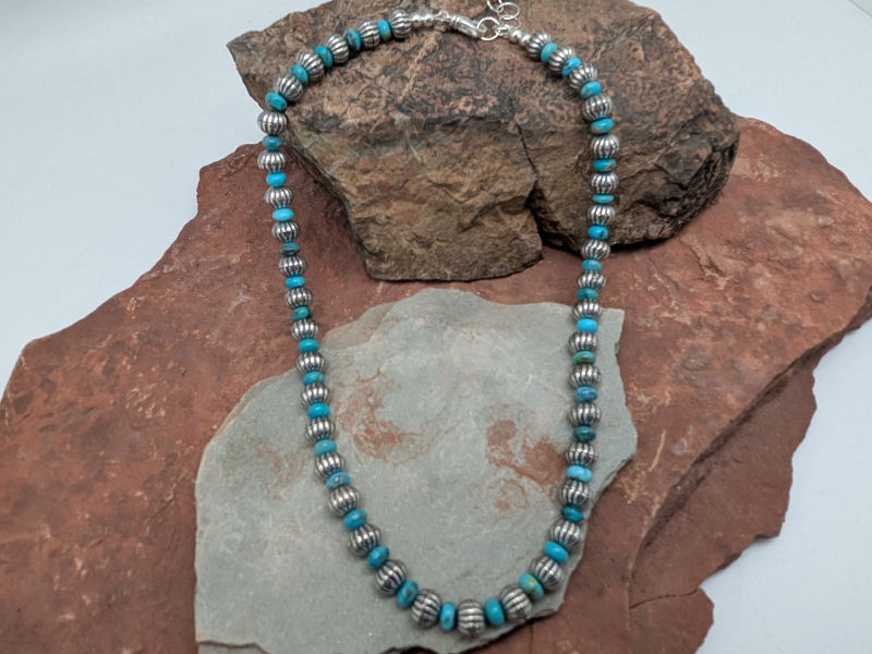 Sterling silver scalloped beads with Royal Beauty turquoise rondells neckace. Sterling silver lobster clasp.