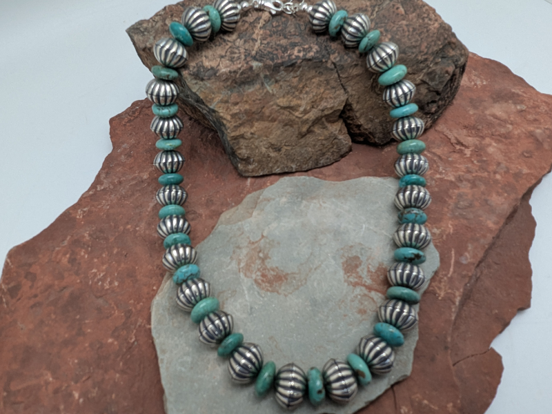 Turquoise Scalloped Sterling Bead Necklace - 14mm