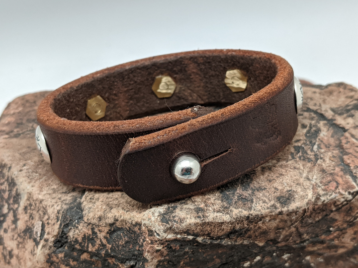Kingman Turquoise with Sterling Silver Conchos Leather Bracelet