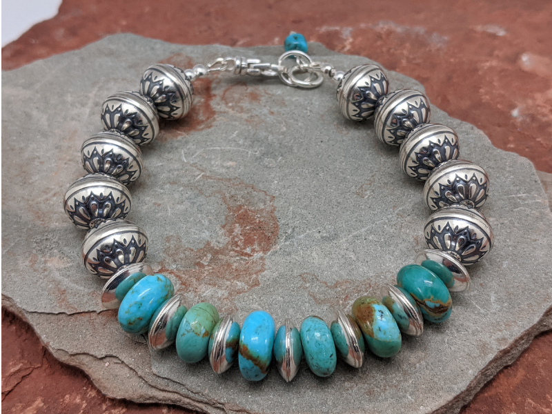 Wholesale Kingman Turquoise Rondelle Sterling Silver Flower Bead Bracelet