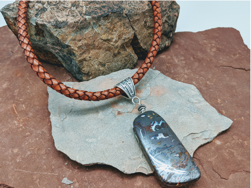 Boulder Opal on Antique Red Braided Leather Necklace