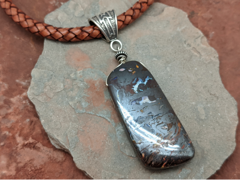 Boulder Opal on Antique Red Braided Leather Necklace