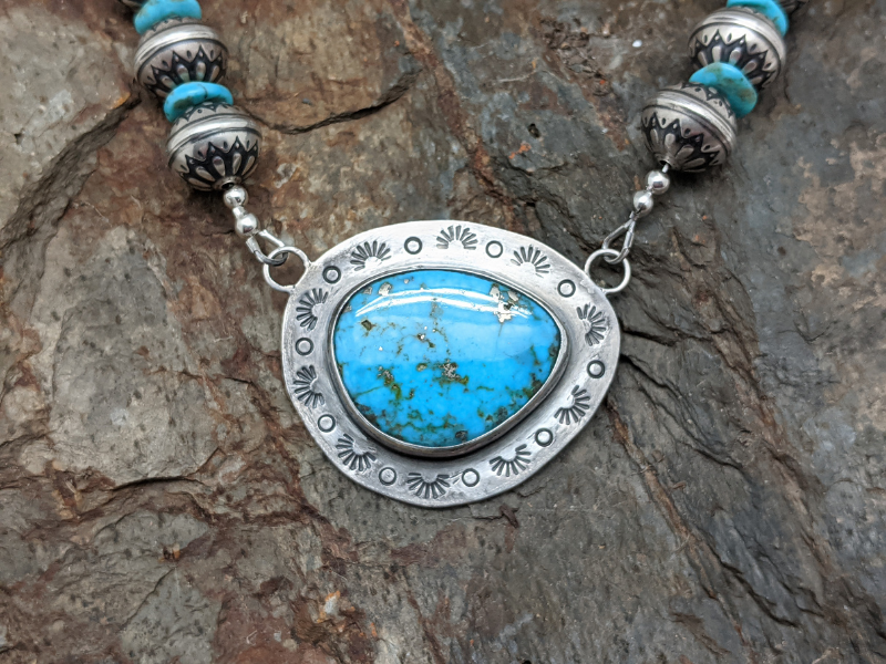 Sonoran Mountain Turquoise Pendant Flower Bead Necklace