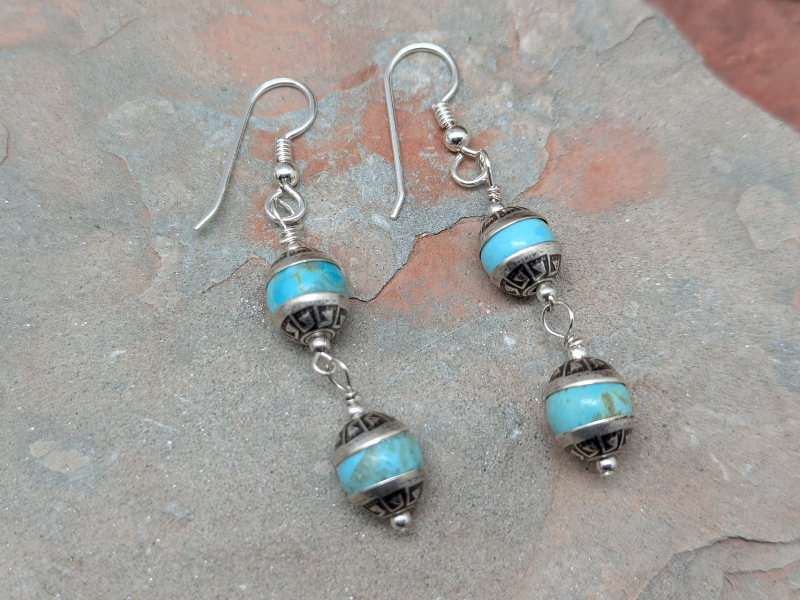 Kingman Turquoise Aztec 2 Tier Earrings