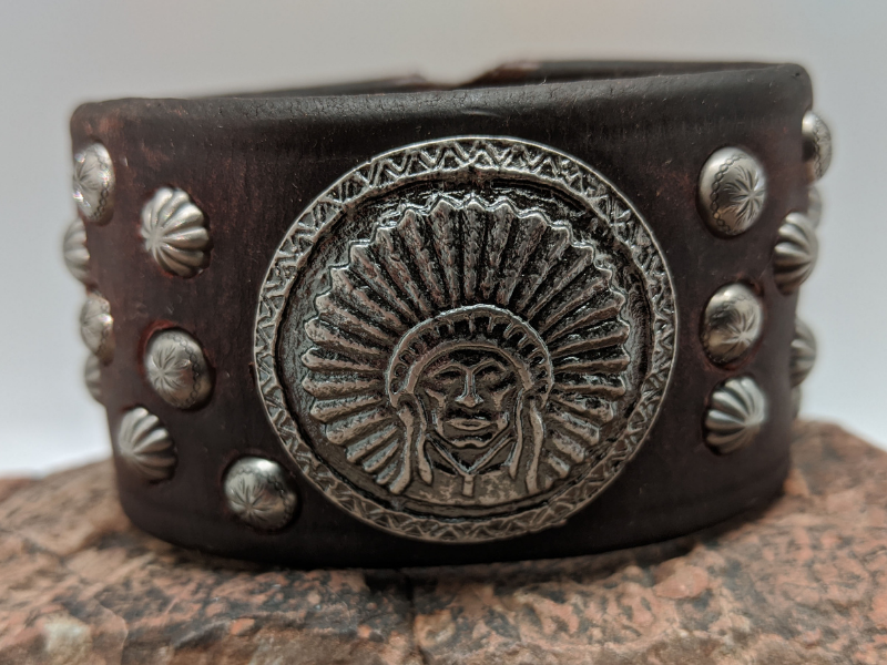 Wholesale Old Silver Indian Chief w/Studs Leather Bracelet