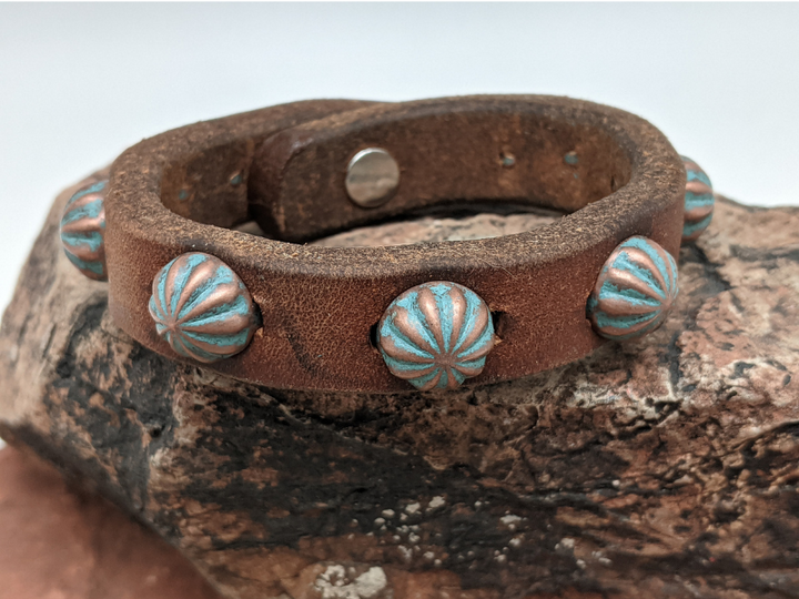 Copper Patina Parachute Studs 12mm Leather Bracelet