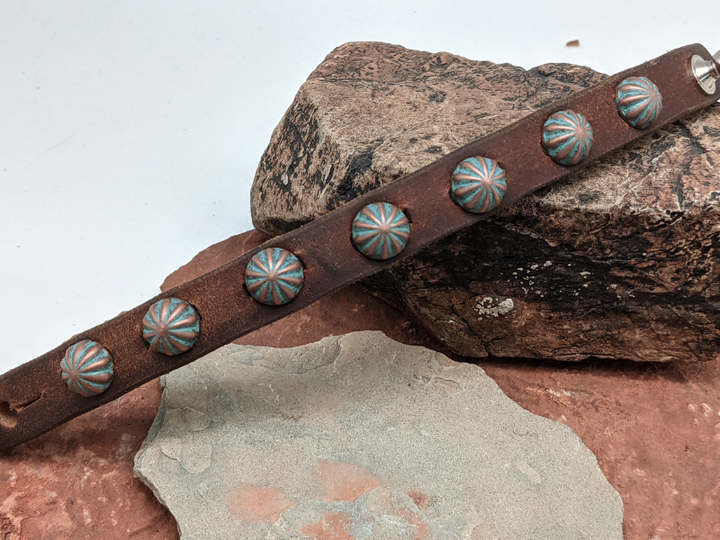 Copper Patina Parachute Studs 12mm Leather Bracelet