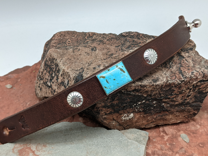 Wholesale Kingman Turquoise Rectangle with Conchos Leather Bracelet