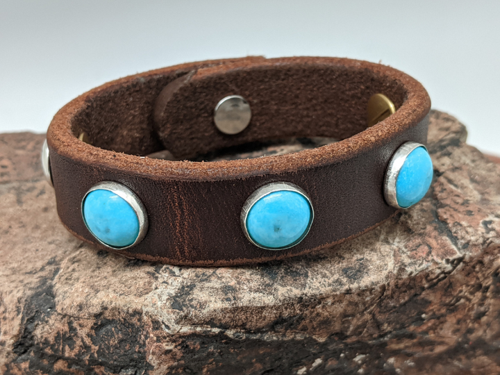 Wholesale Kingman Turquoise with Sterling Silver Conchos Leather Bracelet