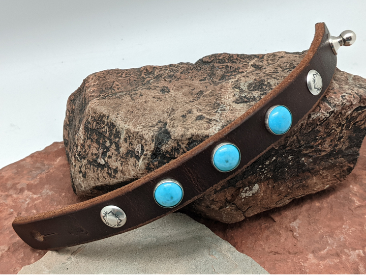 Kingman Turquoise with Sterling Silver Conchos Leather Bracelet