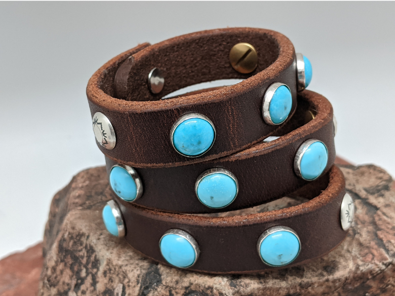 Wholesale Kingman Turquoise with Sterling Silver Conchos Leather Bracelet