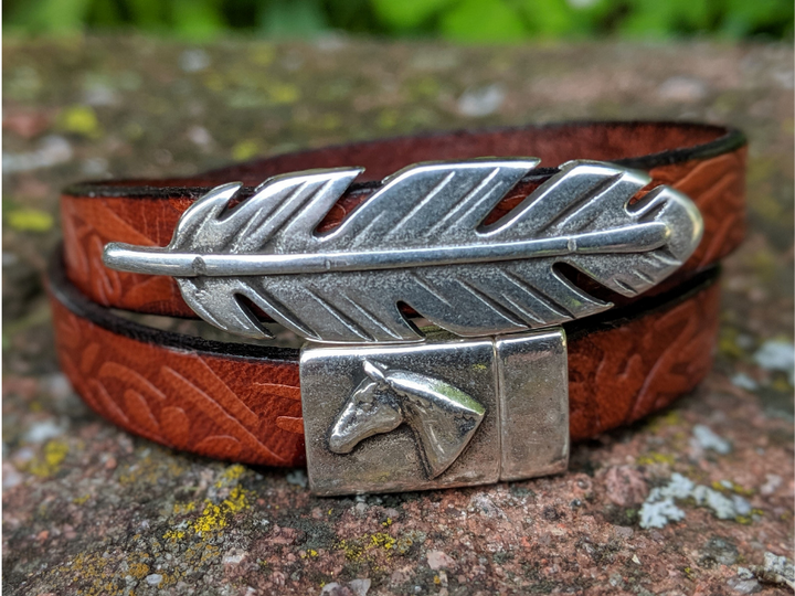 Feather & Embossed Floral Leather Wrap Bracelet