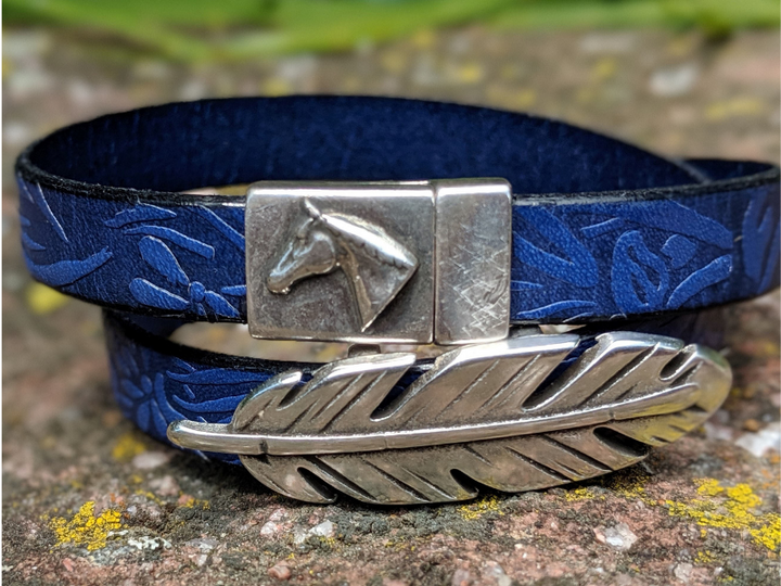 Feather & Embossed Floral Leather Wrap Bracelet