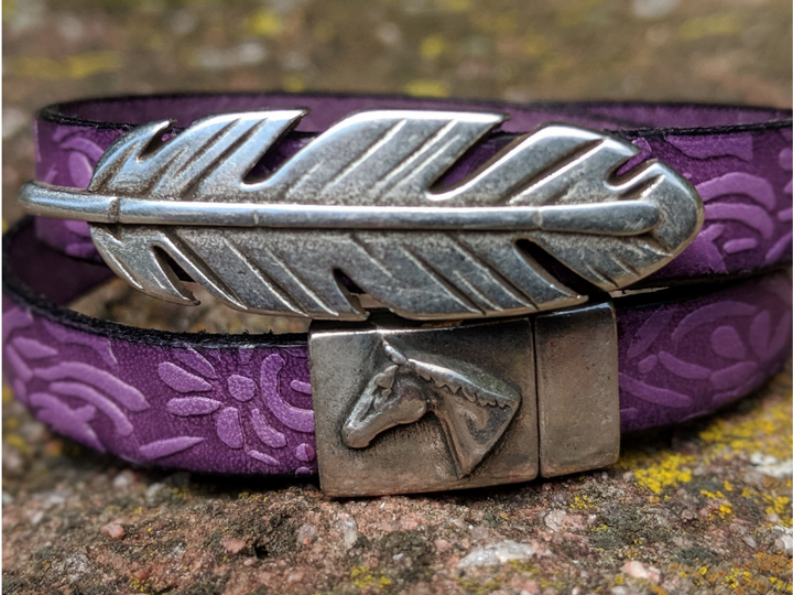 Wholesale Feather & Embossed Floral Leather Wrap Bracelet