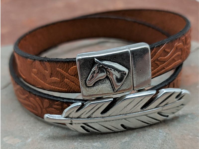 Feather & Embossed Floral Leather Wrap Bracelet