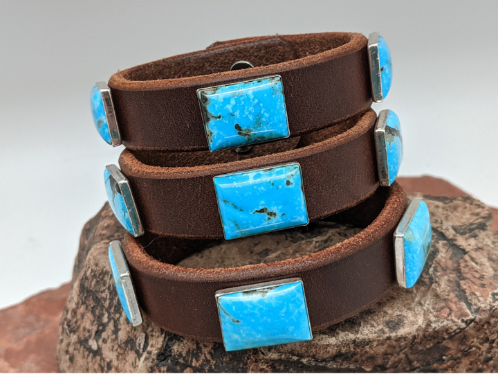 Wholesale Kingman Turquoise Triple Rectangle Cab Leather Bracelet