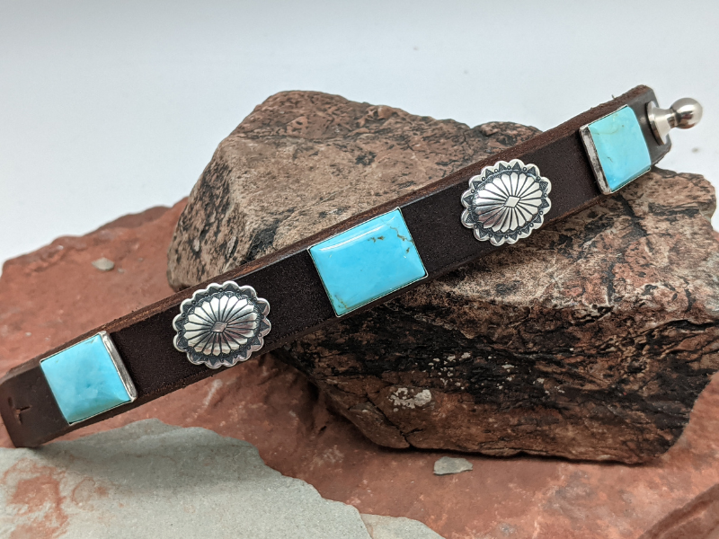 Kingman Turquoise Rectangle Cab Silverton Leather Bracelet