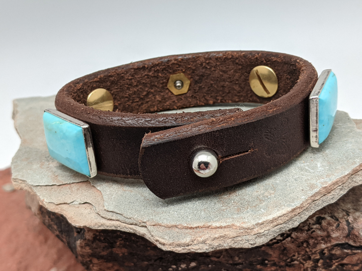 Kingman Turquoise Rectangle Cab Silverton Leather Bracelet