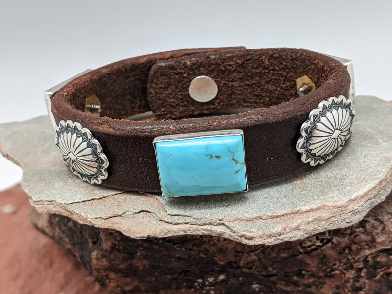 Kingman Turquoise Rectangle Cab Silverton Leather Bracelet
