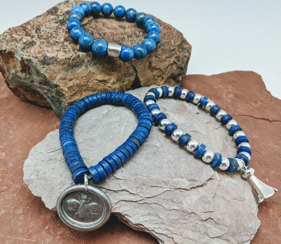 Wholesale Lapis Lazuli and Sterling Squash Blossom Stretch Bracelet