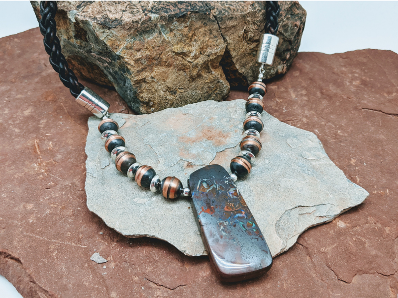 Boulder Opal Pendant Necklace with Copper and Sterling Silver Beads 