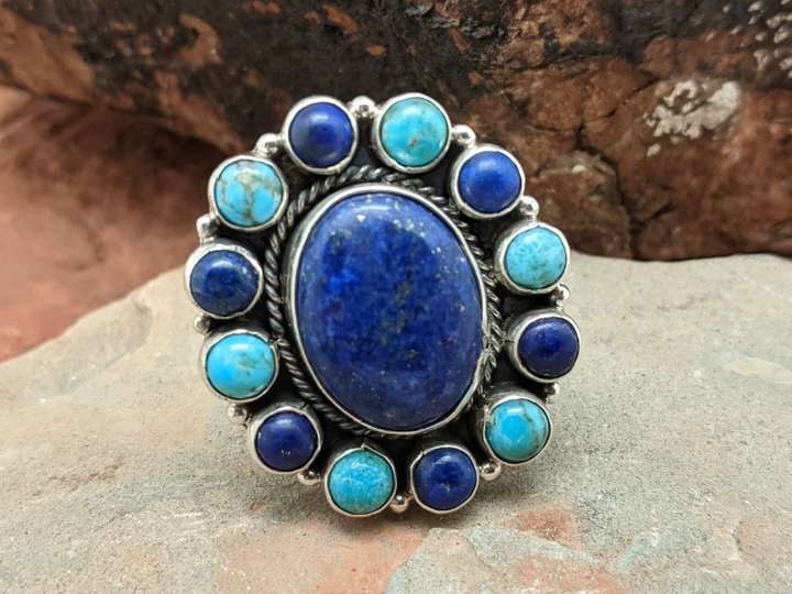 Lapis Lazuli and Kingman Turquoise Cluster Ring